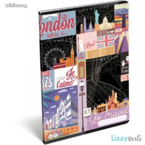 LizzyCard tűzött füzet, A/4 kockás, Go travel - black map