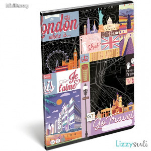 LizzyCard tűzött füzet, A/4 kockás, Go travel - black map
